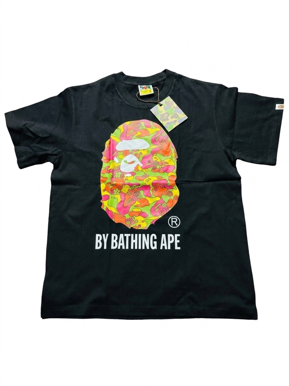 Bape Black T-Shirt with Neon Camo Ape Head Graphic